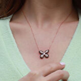 Siyah Zirkon Taşlı Kelebek Model Rose Gold Kaplama Gümüş Kolye