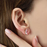 Pembe Kuvars Taşlı Oval Rose Gold Kaplama Gümüş Küpe