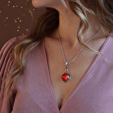 Kırmızı Mercan Taşlı El İşi Otantik 925 Ayar Gümüş Kolye