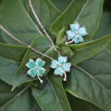 Yeşil Zirkon Taşlı Rose Gold Kaplama Yonca Gümüş Set