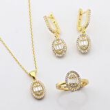 Baget Kesim Oval Montürlü Zirkon Taşlı Gold KaplamaGümüş Set