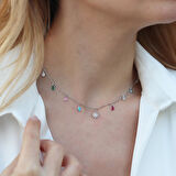 Renkli Damla Taşlı Kutup Yıldızı Detaylı Gümüş Trend Kolye