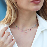 Renkli Damla Taşlı Kutup Yıldızı Detaylı Gümüş Trend Kolye