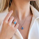 Mavi Paraiba Taşlı Kare Lotus Çiçeği Gümüş Set