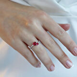 Pndr İki Kalp Kırmızı Zirkon Taşlı Gümüş Yüzük