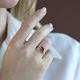 Pndr İki Kalp Kırmızı Zirkon Taşlı Gümüş Yüzük