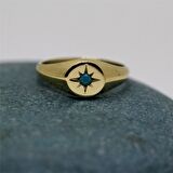 Firuze Taşlı Şimal Yıldızı Yuvarlak Mühür 14 Ayar Altın Yüzük-Yıldızlı Hediye Altın Yüzük