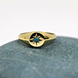 Firuze Taşlı Şimal Yıldızı Yuvarlak Mühür 925 Ayar Gümüş Yüzük-Yıldızlı Hediye Gümüş Yüzük