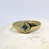 Firuze Taşlı Şimal Yıldızı Yuvarlak Mühür 925 Ayar Gümüş Yüzük-Yıldızlı Hediye Gümüş Yüzük