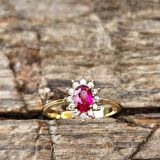 1,05 CT Yakut 0,30 CT Pırlanta (Signty) Taşlı Anturajlı Vintage Tasarım Modern 14 Ayar Altın Yüzük