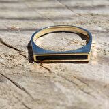 Black Mineli Çizgi Tasarım Dikdörtgen Tarz Modern Minimal 14 Ayar Altın Taşsız Estetik Gündelik Yüzük