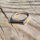 Black Mineli Çizgi Tasarım Dikdörtgen Tarz Modern Minimal 14 Ayar Altın Taşsız Estetik Gündelik Yüzük