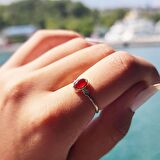 Kırmızı Akik Taşlı Tek Taş Evlilik Teklifi Yüzüğü-0.90 Karat Kristal Opal 14 Ayar Altın Yüzük