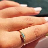 Minimal Mekik Signity Swaroski Firuze Taşlı Fantezi Şans 14 Ayar Altın Tasarım Yüzük