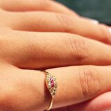 Minimal Mekik Signity Swaroski Ruby Taşlı Fantezi Şans 14 Ayar Altın Tasarım Yüzük