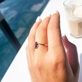 Gümüş Yüzük - 0.60 Karat Mekik Safir Taşlı Es Pırlanta Montörü 925 Ayar Gümüş Evlilik Teklifi Yüzüğü