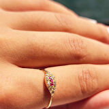 Gümüş Yüzük - Minimal Mekik Signity Swaroski Ruby Taşlı Fantezi Şans 925 Ayar Gümüş Tasarım Yüzük