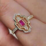 Gümüş Yüzük - Vintage Baget Ruby Taşlı Gündelik Gözde Tasarım Hediye 925 Ayar Gümüş Yüzük