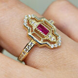 Gümüş Yüzük - Vintage Baget Ruby Taşlı Gündelik Gözde Tasarım Hediye 925 Ayar Gümüş Yüzük