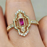 Gümüş Yüzük - Vintage Baget Ruby Taşlı Gündelik Gözde Tasarım Hediye 925 Ayar Gümüş Yüzük