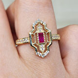 Gümüş Yüzük - Vintage Baget Ruby Taşlı Gündelik Gözde Tasarım Hediye 925 Ayar Gümüş Yüzük