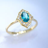 Mavi Topaz Oval Kesim Yan Zirkon Taşlı Modern Tasarım 14 Ayar Altın Yüzük Tektaş Günlük-Hediyelik