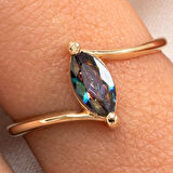 Gümüş Yüzük - 0.60 Karat Mekik Mistik Topaz Taşlı Es 925 Ayar Gümüş Evlilik Teklifi Yüzüğü