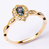 Gümüş Yüzük - Oval Mistik Topaz Taşlı Yanları Zirkon Taşlarla Süslemeli 925 Ayar Gümüş Kadın Yüzük