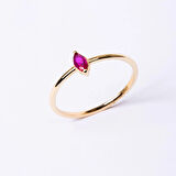 Gümüş Yüzük - Markiz Ruby Taşlı Minimal Tasarım Tektaş Kadın 925 Ayar Gümüş Yüzük