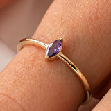 Gümüş Yüzük - Ametist Taşlı Minimal Tasarım Tektaş Kadın 925 Ayar Gümüş Yüzük