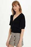 Sherin Kadın Siyah Saç Örgülü Düğmeli Triko Hırka SWC4332Sİ
