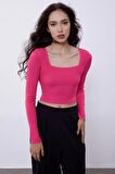 Fuşya Uzun Kollu Crop Triko Kazak SWK4500FU