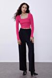 Fuşya Uzun Kollu Crop Triko Kazak SWK4500FU