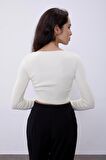 Ekru Uzun Kollu Crop Triko Kazak SWK4500EK