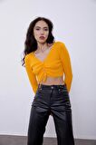 Sarı V Yaka Göğüs Dekolteli Triko Kazak SWK4512SR 