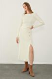 Ekru Yırtık Detaylı Midi Triko Etek
