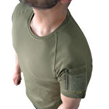 Haki Renkli Taktik Kısa Kollu Tişört, 2 Cepli Taktik T-Shirt