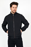 YENİ SEZON ERKEK SİYAH MEVSİMLİK TRİKO VE DERİ BİYE DETAYLI FERMUARLI İÇ CEPLİ MONT&CEKET