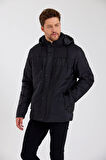 Erkek Siyah Çıkarılabilir Kapüşonlu İç Cepli İçi Kürkü Yıkanabilir Kapütone Mont&Kaban
