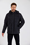 Erkek Siyah Çıkarılabilir Kapüşonlu İç Cepli İçi Kürkü Yıkanabilir Kapütone Mont&Kaban