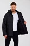 Erkek Siyah Çıkarılabilir Kapüşonlu İç Cepli İçi Kürkü Yıkanabilir Kapütone Mont&Kaban