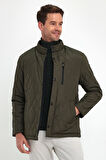 Erkek Yeşil Standart Fit Normal Kesim İçi Kürklü Dik Yaka Çıtçıtlı Dolgulu Desenli Overcoat