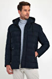 Erkek Lacivert Standart Fit Normal Kesim İçi Kürklü Çıkmalı Kapüşon Dik Yaka Mont