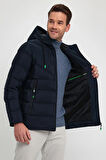 Erkek Lacivert Standart Fit Normal Kesim İçi Kürklü Sabit Kapüşon Dik Yaka Mont