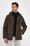 Erkek Kahverengi Standart Fit Normal Kesim Çıkmalı Kapüşon Dik Yaka Mont