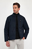 Erkek Lacivert Standart Fit Normal Kesim Dik Yaka Omuz Detaylı Kışlık Mont