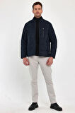 Erkek Lacivert Standart Fit Normal Kesim Dik Yaka Omuz Detaylı Kışlık Mont