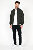 YENİ SEZON ERKEK YEŞİL MEVSİMLİK TRİKO VE DERİ BİYE DETAYLI FERMUARLI İÇ CEPLİ MONT&CEKET