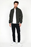 Yeni Sezon Erkek Yeşil Mevsimlik Triko Ve Deri Biye Detaylı Fermuarlı İç Cepli Mont&Ceket