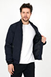 Yeni Sezon Erkek Lacivert Mevsimlik Triko Ve Deri Biye Detaylı Fermuarlı İç Cepli Mont&Ceket